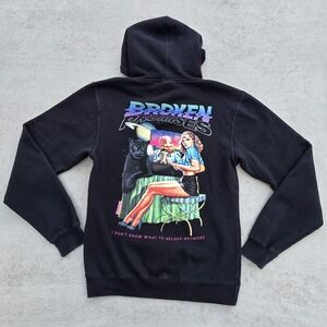 Broken Promises Hoodie Mens Small Black Space Retro Skeptic Graphic Sweatshirt